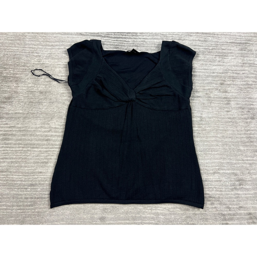 Alfani‎ Knit Top Womens L Black Silk Cotton Blend Twist Front Ribbed Cap Sleeve